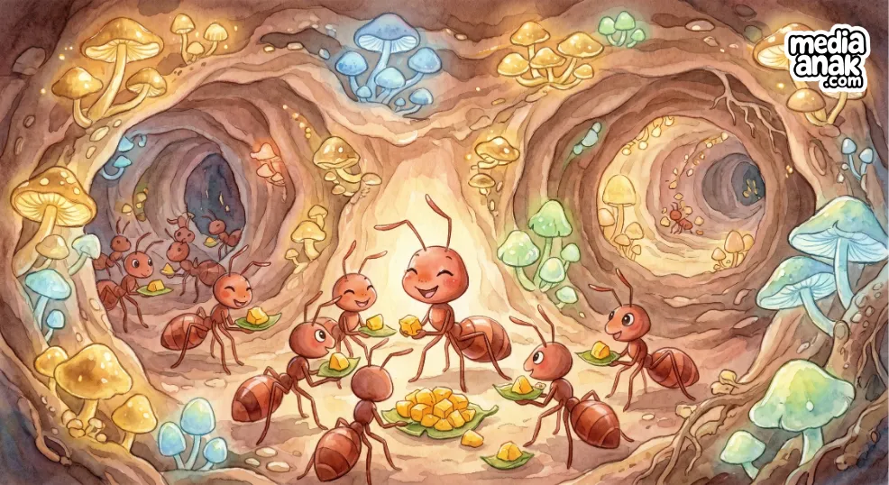 pesta semut makan mangga di dalam sarang