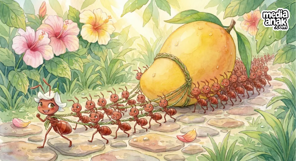 semut bekerja sama membawa mangga di dalam sarang 1