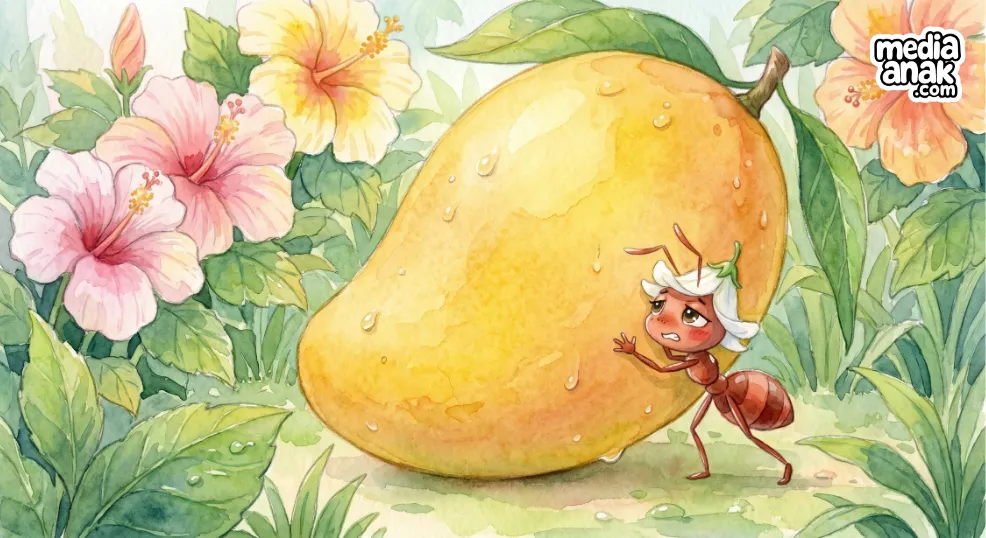 semut sisi mendorong mangga raksasa